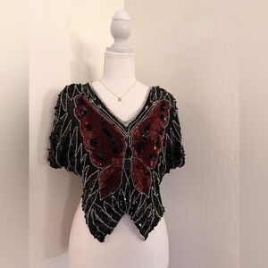 Elegant Sequin Butterfly Blouse - Black and Red